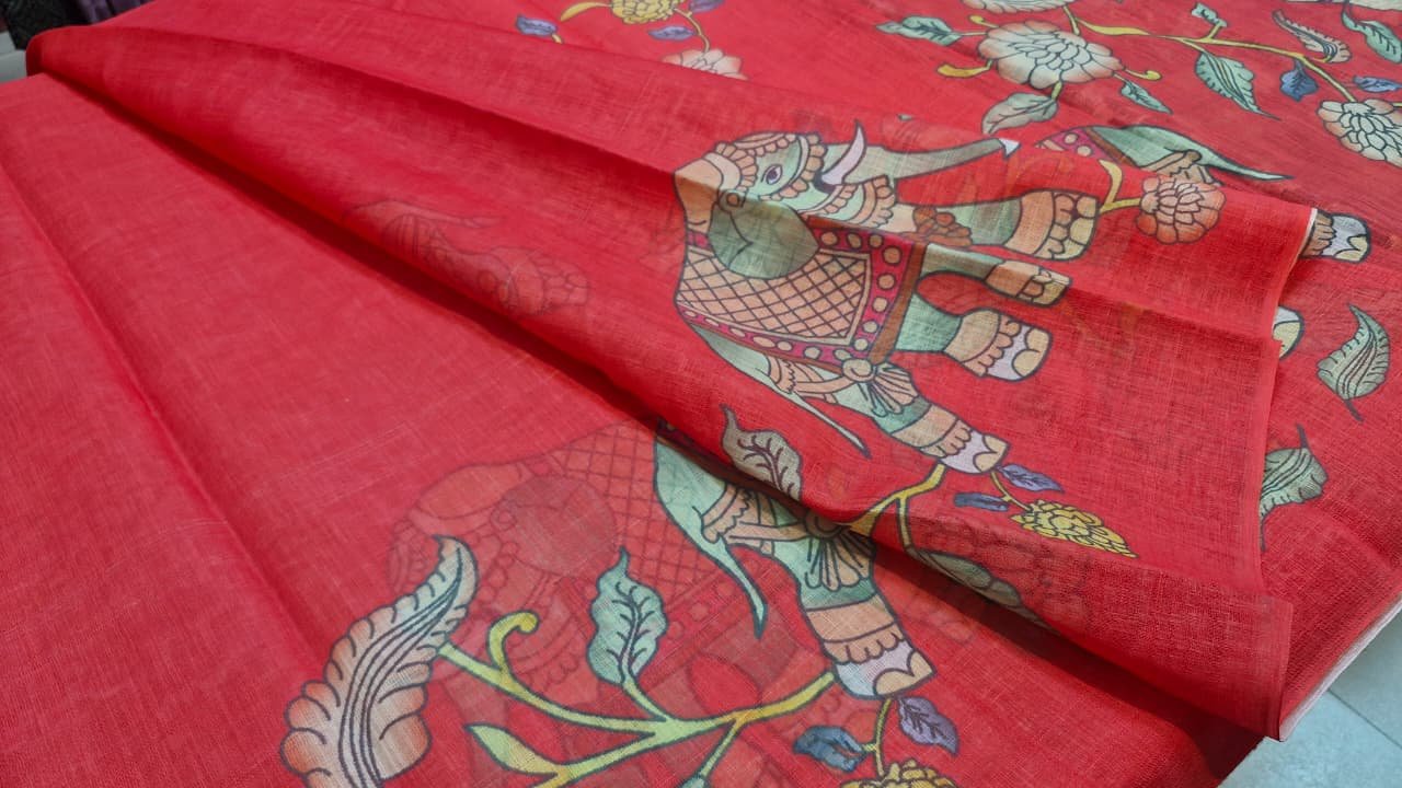Deep Coral Red Elephant Designer Premium Linen Cotton Saree Deep Coral Red Elephant Designer Premium Linen Cotton Saree - Image 5