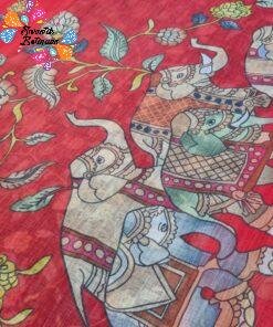 Deep Coral Red Elephant Designer Premium Linen Cotton Saree Deep Coral Red Elephant Designer Premium Linen Cotton Saree