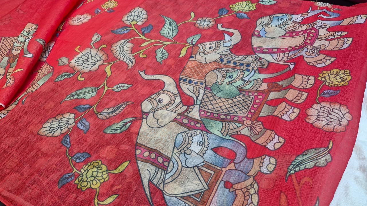 Deep Coral Red Elephant Designer Premium Linen Cotton Saree Deep Coral Red Elephant Designer Premium Linen Cotton Saree - Image 10