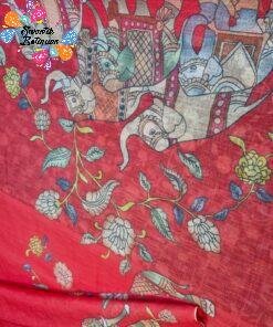 Deep Coral Red Elephant Designer Premium Linen Cotton Saree Deep Coral Red Elephant Designer Premium Linen Cotton Saree