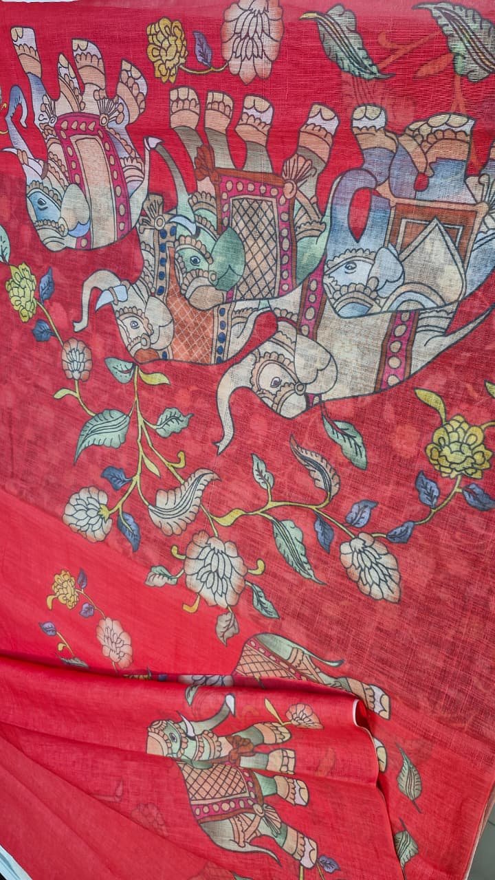 Deep Coral Red Elephant Designer Premium Linen Cotton Saree Deep Coral Red Elephant Designer Premium Linen Cotton Saree - Image 8