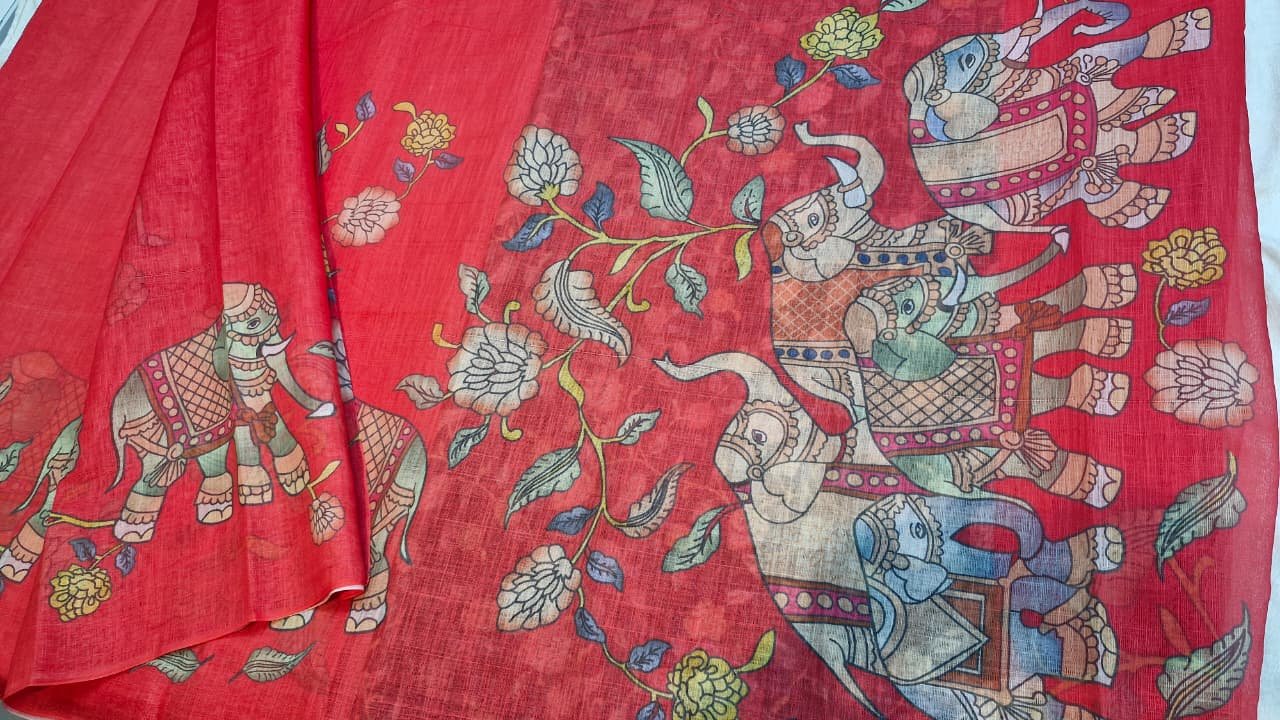 Deep Coral Red Elephant Designer Premium Linen Cotton Saree Deep Coral Red Elephant Designer Premium Linen Cotton Saree - Image 7