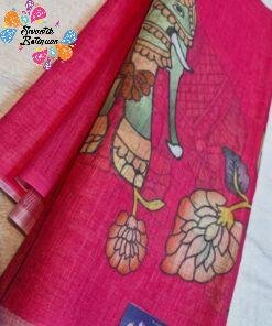 Deep Rani Pink Elephant Designer Premium Linen Cotton Saree Deep Rani Pink Elephant Designer Premium Linen Cotton Saree