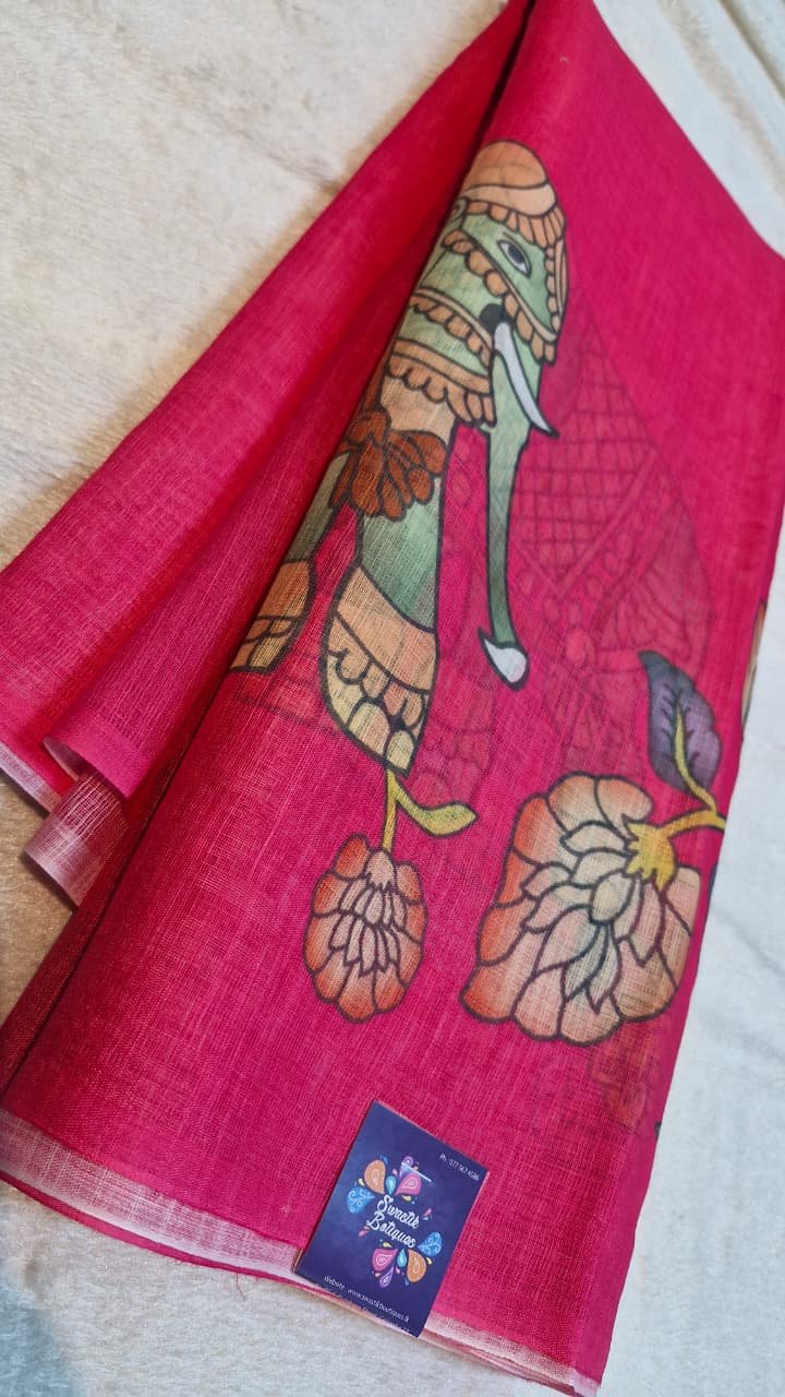 Deep Rani Pink Elephant Designer Premium Linen Cotton Saree Deep Rani Pink Elephant Designer Premium Linen Cotton Saree - Image 3