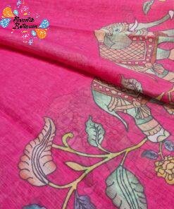 Deep Rani Pink Elephant Designer Premium Linen Cotton Saree