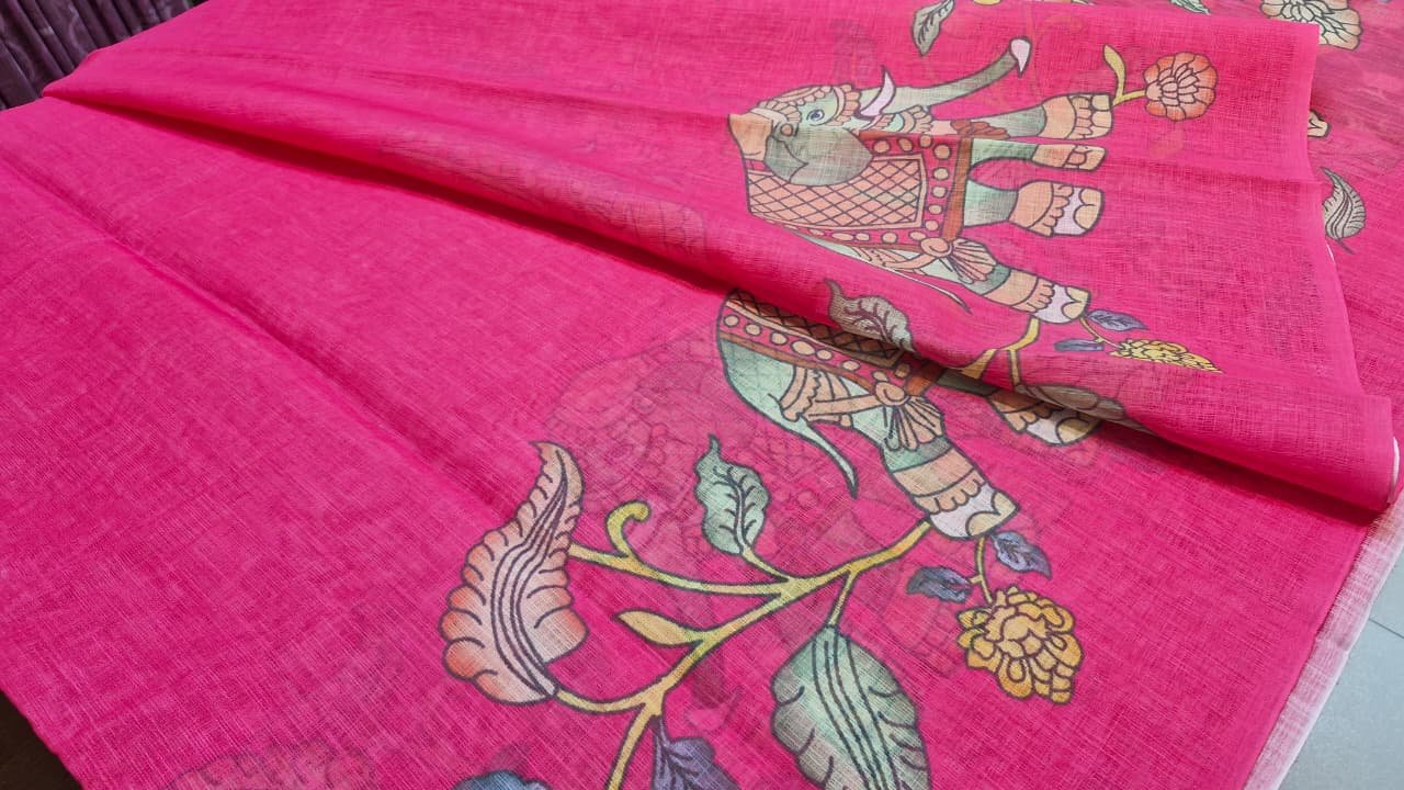 Deep Rani Pink Elephant Designer Premium Linen Cotton Saree Deep Rani Pink Elephant Designer Premium Linen Cotton Saree - Image 5