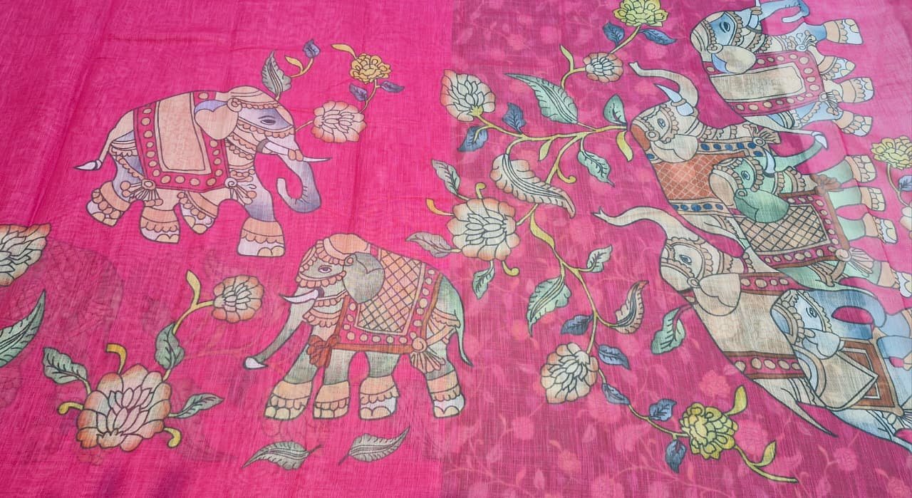 Deep Rani Pink Elephant Designer Premium Linen Cotton Saree Deep Rani Pink Elephant Designer Premium Linen Cotton Saree - Image 12