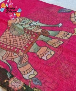 Deep Rani Pink Elephant Designer Premium Linen Cotton Saree