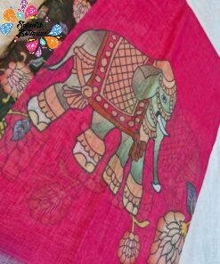 Deep Rani Pink Elephant Designer Premium Linen Cotton Saree