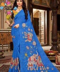 Royal Blue Elephant Designer Premium Linen Cotton Saree