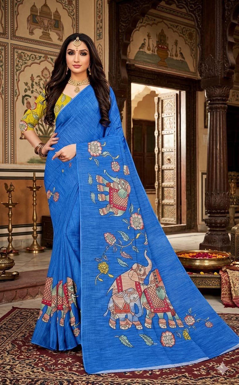 Royal Blue Elephant Designer Premium Linen Cotton Saree Royal Blue Elephant Designer Premium Linen Cotton Saree
