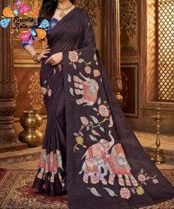 Deep Coffee Brown Elephant Designer Premium Linen Cotton Saree