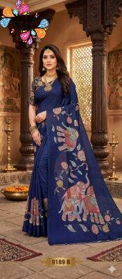 Indigo Blue Elephant Designer Premium Linen  Cotton Saree