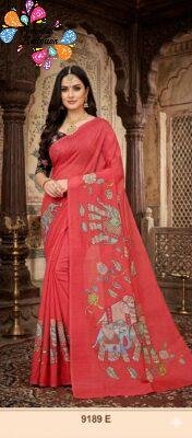 Deep Coral Red Elephant Designer Premium Linen Cotton Saree