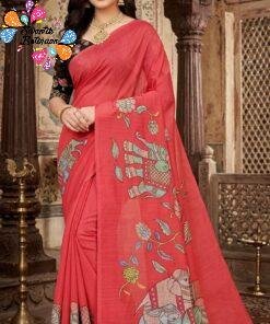 Deep Coral Red Elephant Designer Premium Linen Cotton Saree