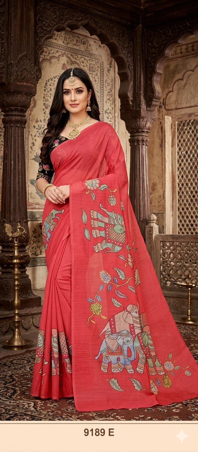 Deep Coral Red Elephant Designer Premium Linen Cotton Saree Deep Coral Red Elephant Designer Premium Linen Cotton Saree