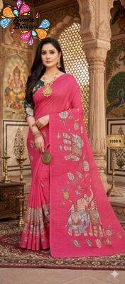 Deep Rani Pink Elephant Designer Premium Linen Cotton Saree