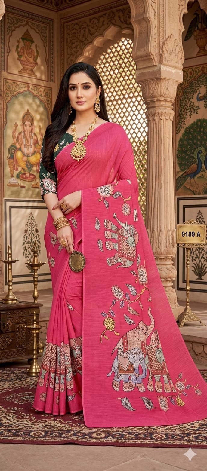 Deep Rani Pink Elephant Designer Premium Linen Cotton Saree Deep Rani Pink Elephant Designer Premium Linen Cotton Saree