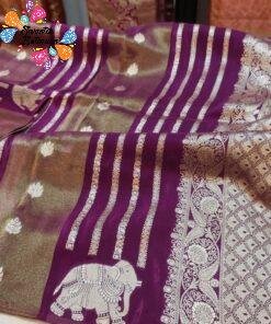 Deep Wine Purple Shade with Gold Zari Work Elephant Designer Banarasi Organza Silk Saree Deep Wine Purple Shade with Gold Zari Work Elephant Designer Banarasi Organza Silk Saree
