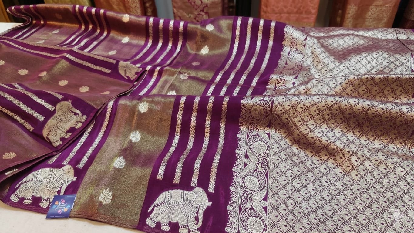 Deep Wine Purple Shade with Gold Zari Work Elephant Designer Banarasi Organza Silk Saree Deep Wine Purple Shade with Gold Zari Work Elephant Designer Banarasi Organza Silk Saree - Image 5