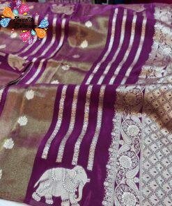 Deep Wine Purple Shade with Gold Zari Work Elephant Designer Banarasi Organza Silk Saree Deep Wine Purple Shade with Gold Zari Work Elephant Designer Banarasi Organza Silk Saree