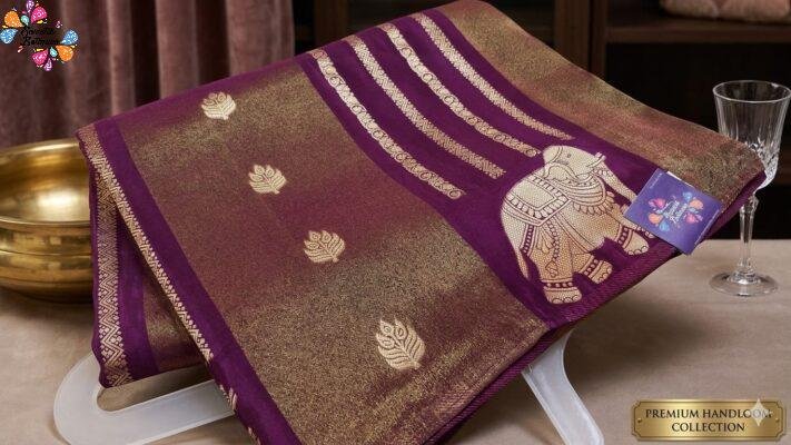 Deep Wine Purple Shade with Gold Zari Work Elephant Designer  Banarasi Organza Silk Saree