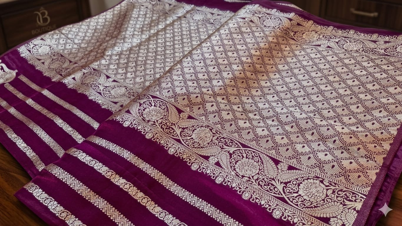 Deep Wine Purple Shade with Gold Zari Work Elephant Designer Banarasi Organza Silk Saree Deep Wine Purple Shade with Gold Zari Work Elephant Designer Banarasi Organza Silk Saree - Image 6