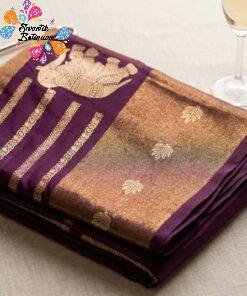 Alternative view of Deep Wine Purple Shade with Gold Zari Work Elephant Designer  Banarasi Organza Silk Saree