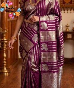 Deep Wine Purple Shade with Gold Zari Work Elephant Designer  Banarasi Organza Silk Saree