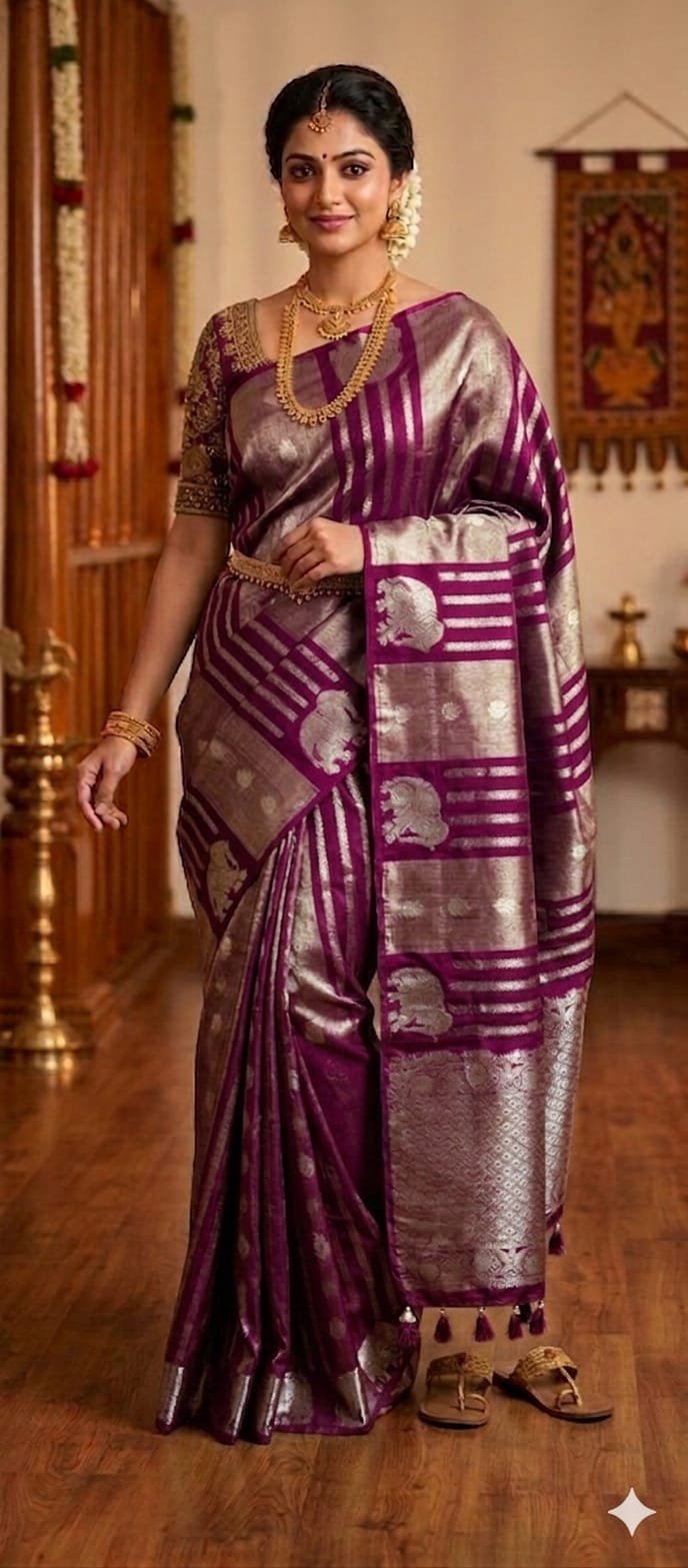 Deep Wine Purple Shade with Gold Zari Work Elephant Designer Banarasi Organza Silk Saree Deep Wine Purple Shade with Gold Zari Work Elephant Designer Banarasi Organza Silk Saree - Image 7