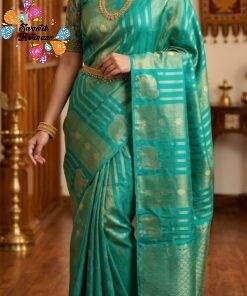 Teal Blue with Gold Zari Work Elephant Designer Banarasi Organza Silk Saree