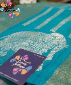 Teal Blue with Gold Zari Work Elephant Designer Banarasi Organza Silk Saree Teal Blue with Gold Zari Work Elephant Designer Banarasi Organza Silk Saree