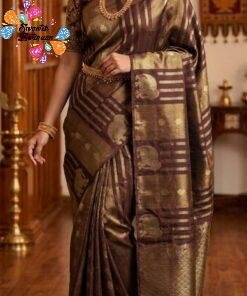 Deep Wine With Gold Zari Work Elephant Designer Banarasi Organza Silk Saree Deep Wine With Gold Zari Work Elephant Designer Banarasi Organza Silk Saree