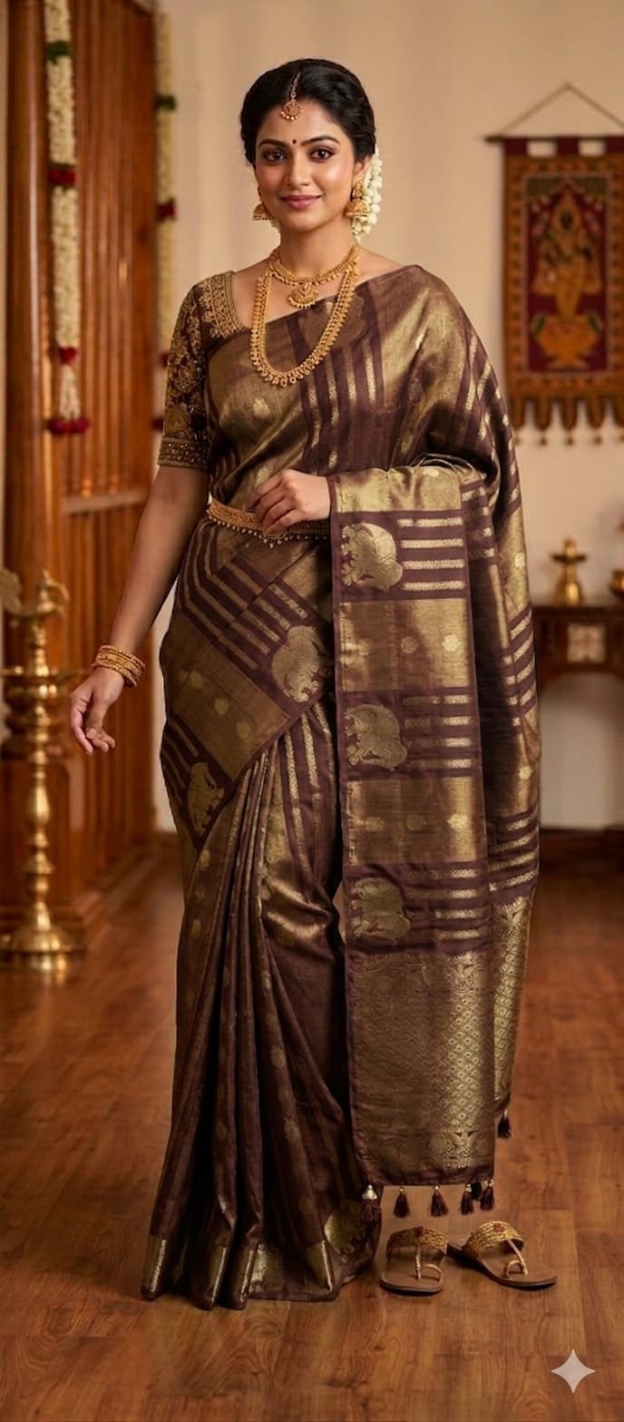 Deep Wine With Gold Zari Work Elephant Designer Banarasi Organza Silk Saree Deep Wine With Gold Zari Work Elephant Designer Banarasi Organza Silk Saree - Image 8