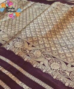 Deep Wine With Gold Zari Work Elephant Designer Banarasi Organza Silk Saree