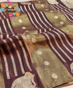Deep Wine With Gold Zari Work Elephant Designer Banarasi Organza Silk Saree