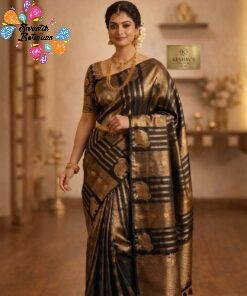 Black With Gold Zari Work Elephant Designer Banarasi Organza Silk Saree