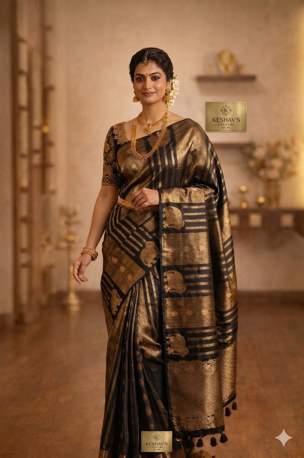 Black With Gold Zari Work Elephant Designer Banarasi Organza Silk Saree Black With Gold Zari Work Elephant Designer Banarasi Organza Silk Saree - Image 2