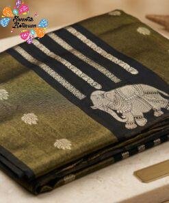 Black With Gold Zari Work Elephant Designer Banarasi Organza Silk Saree