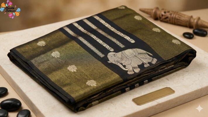 Black With Gold Zari Work Elephant Designer Banarasi Organza Silk Saree