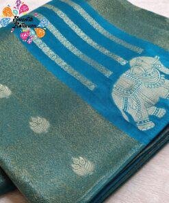 Teal Blue with Gold Zari Work Elephant Designer Banarasi Organza Silk Saree