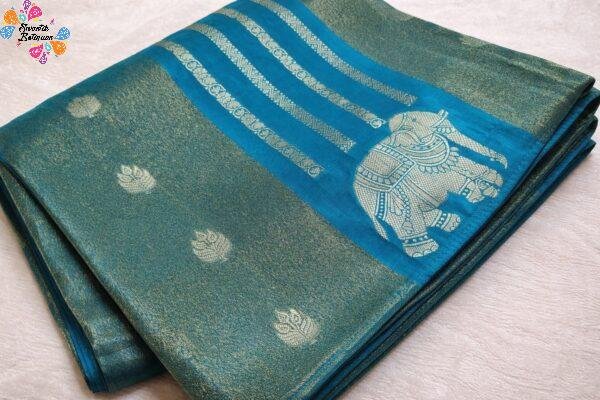 Teal Blue with Gold Zari Work Elephant Designer Banarasi Organza Silk Saree
