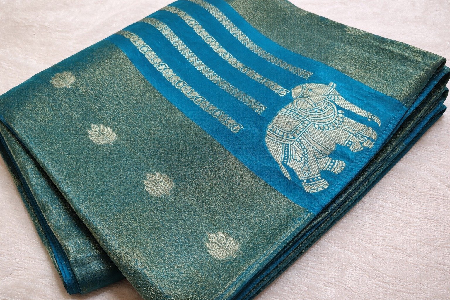 Teal Blue with Gold Zari Work Elephant Designer Banarasi Organza Silk Saree Teal Blue with Gold Zari Work Elephant Designer Banarasi Organza Silk Saree