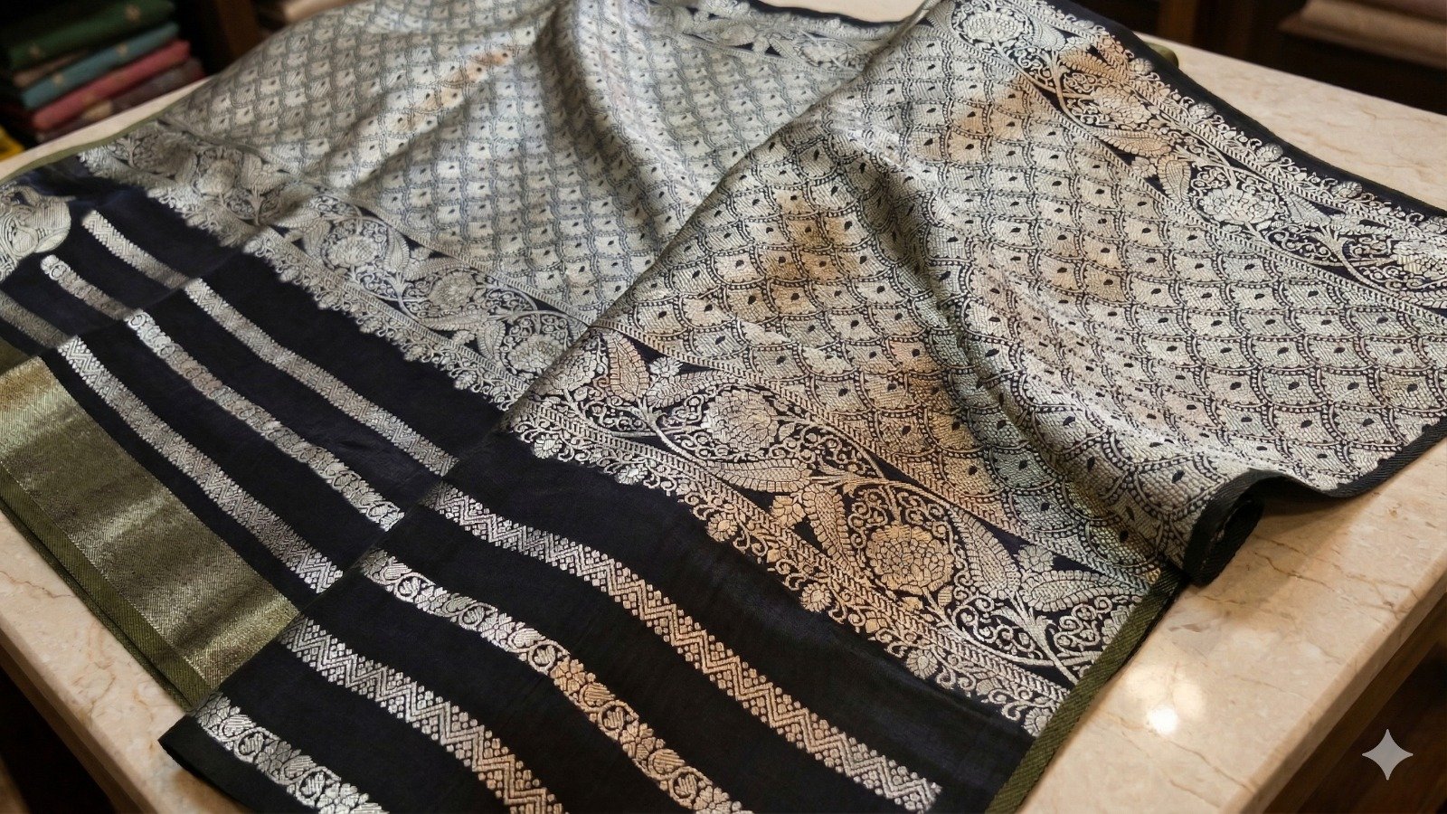 Black With Gold Zari Work Elephant Designer Banarasi Organza Silk Saree Black With Gold Zari Work Elephant Designer Banarasi Organza Silk Saree - Image 5