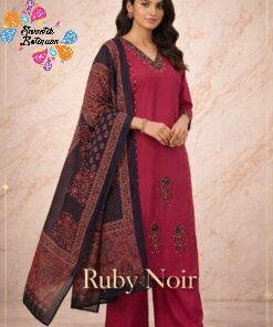 Floral Designer Deep Ruby Red and Black Premium Dabu Cotton Readymade Shalwar Suit