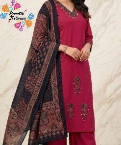 Alternative view of Floral Designer Deep Ruby Red and Black Premium Dabu Cotton Readymade Shalwar Suit