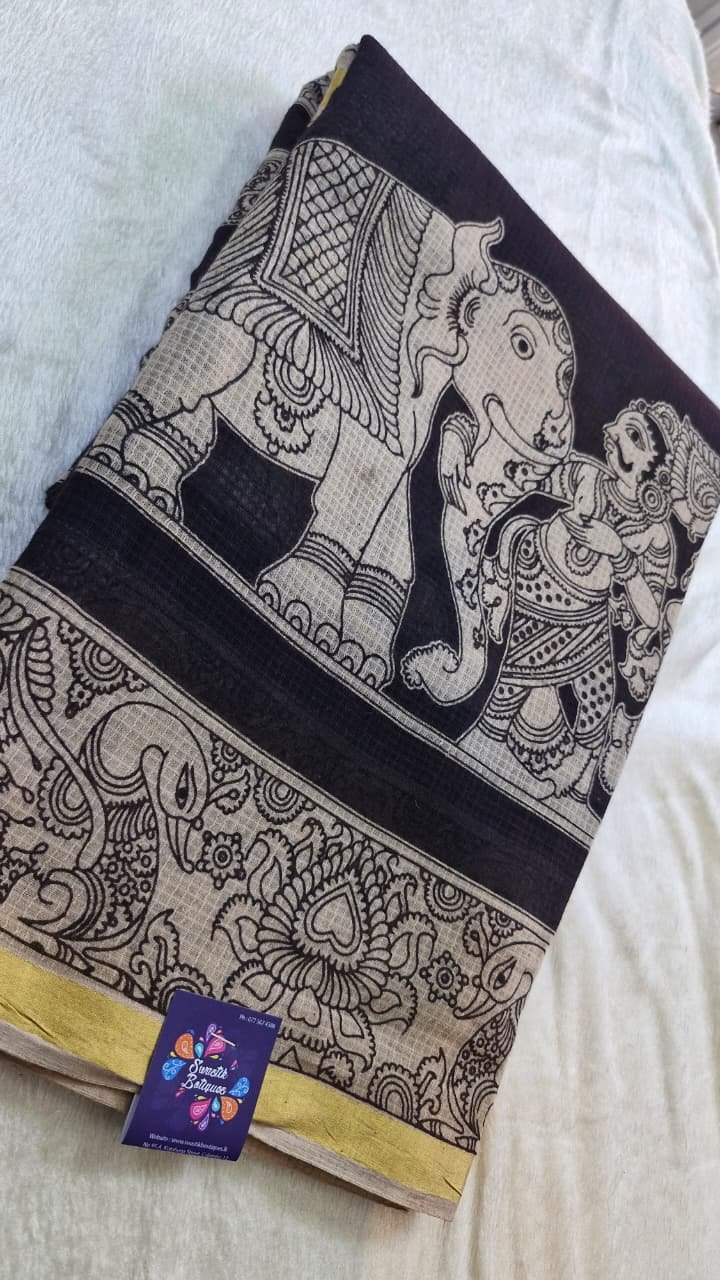 Black and Beige Premium Kotta Cotton Kalamkari Saree Black and Beige Premium Kotta Cotton Kalamkari Saree