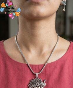 Welcome Swastik Boutiques, Sri Lanka Alternative view of Peacock Designer Oxidised Silver short Pendant With Chain