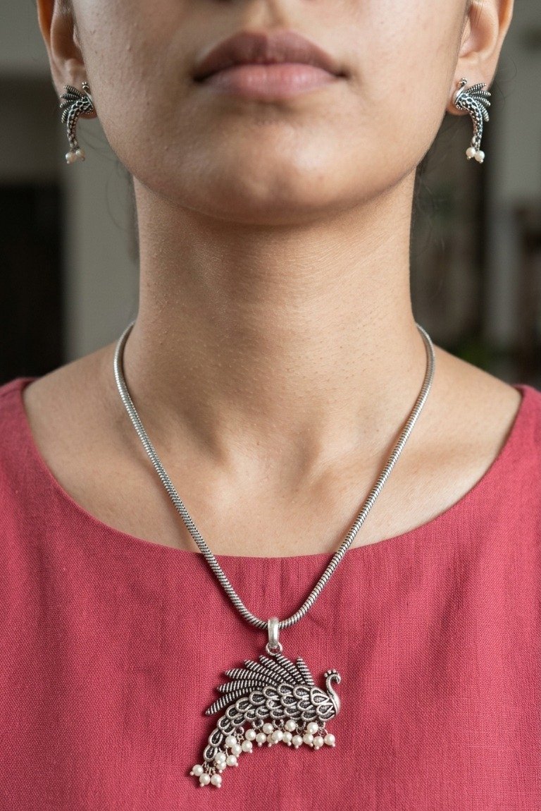 Peacock Designer Oxidised Silver short Pendant With Chain Peacock Designer Oxidised Silver short Pendant With Chain