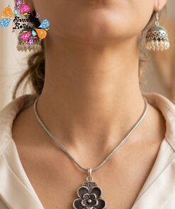 Flower Designer Oxidised Silver short Pendant With Chain